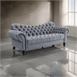 Rosie 84 Inch Sofa- Button Tufted Dark Gray Velvet- Brown Solid Wood