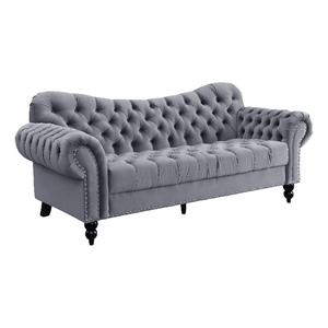 Rosie 84 Inch Sofa- Button Tufted Dark Gray Velvet- Brown Solid Wood