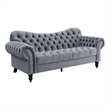 Rosie 84 Inch Sofa- Button Tufted Dark Gray Velvet- Brown Solid Wood
