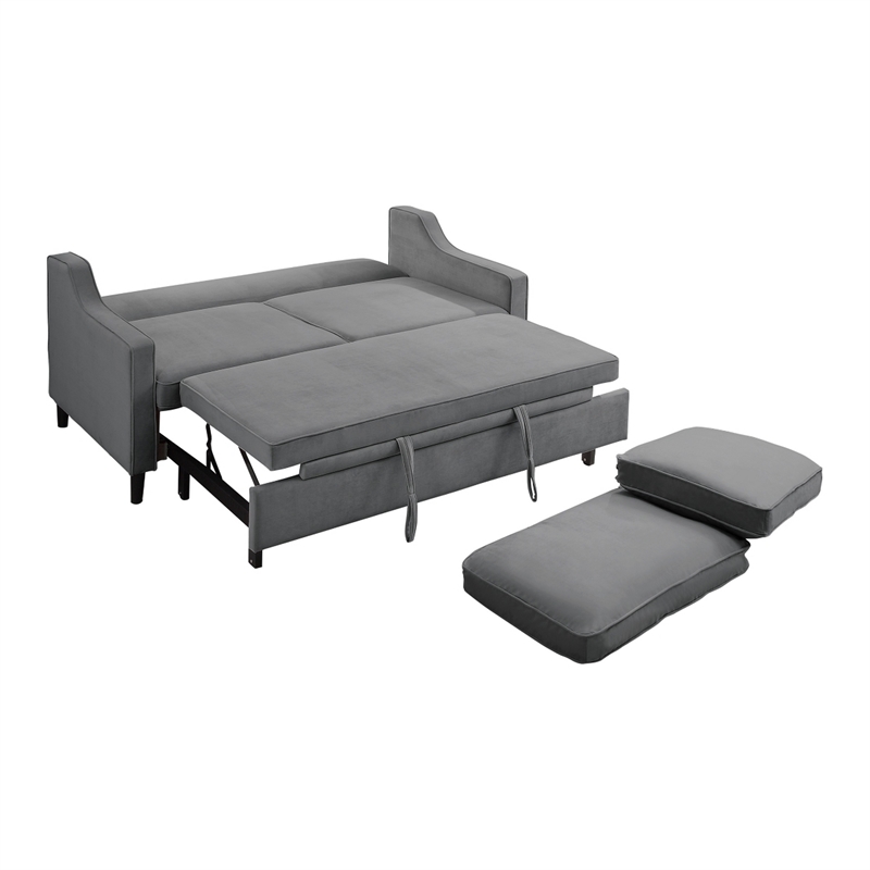 Katy 72 Inch Sleeper Sofa- Convertible Pull Out Bed- Solid Wood Gray Velvet