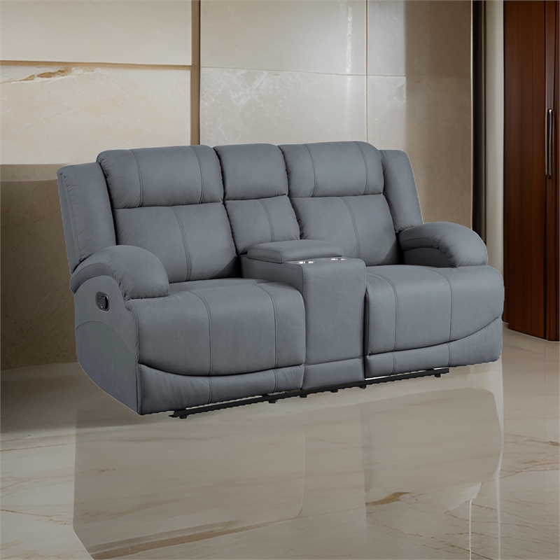 Kate 71 Inch Double Manual Recliner Loveseat- Center Console- Blue Fabric
