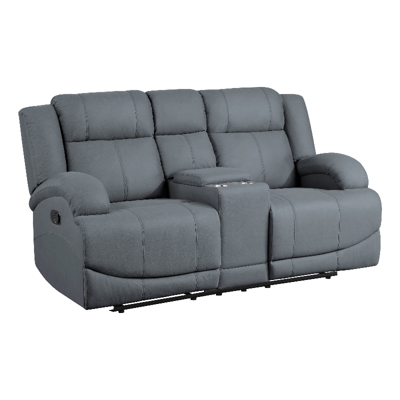 Kate 71 Inch Double Manual Recliner Loveseat- Center Console- Blue Fabric