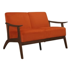 Rica 51 Inch Loveseat- Curved- Soft Orange Velvet- Walnut Brown Solid Wood