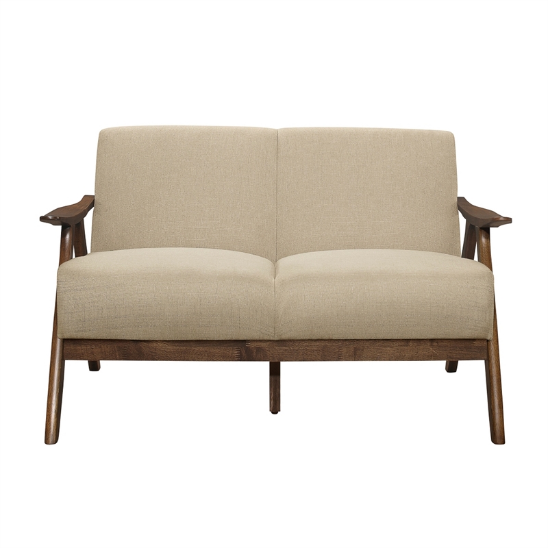 Indy 51 Inch Loveseat- Brown Rubberwood Angled Frame- Textured Beige Fabric