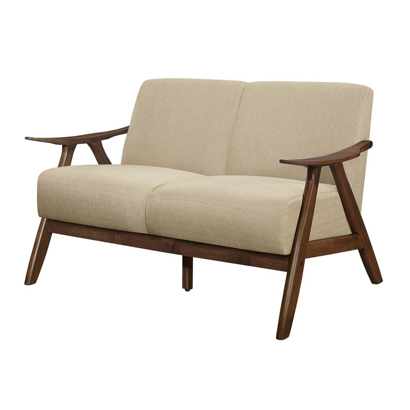 Indy 51 Inch Loveseat- Brown Rubberwood Angled Frame- Textured Beige Fabric