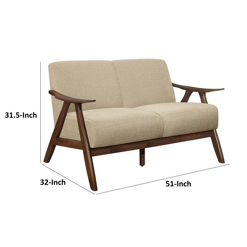Indy 51 Inch Loveseat- Brown Rubberwood Angled Frame- Textured Beige Fabric