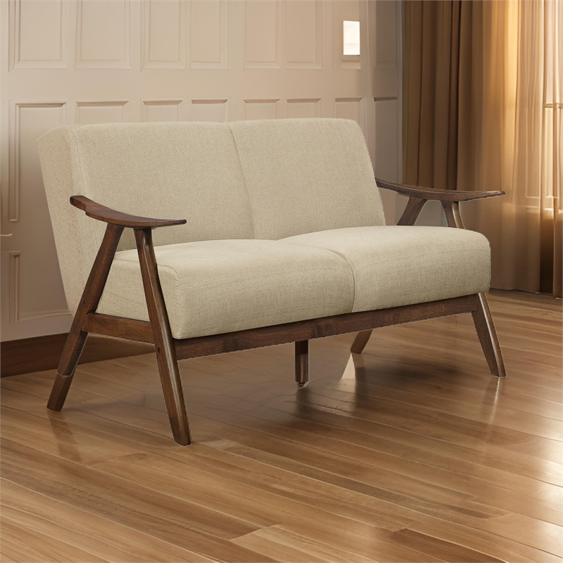 Indy 51 Inch Loveseat- Brown Rubberwood Angled Frame- Textured Beige Fabric