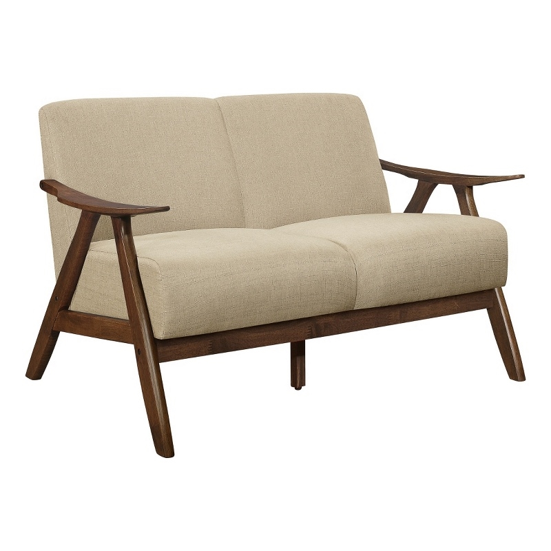 Indy 51 Inch Loveseat- Brown Rubberwood Angled Frame- Textured Beige Fabric