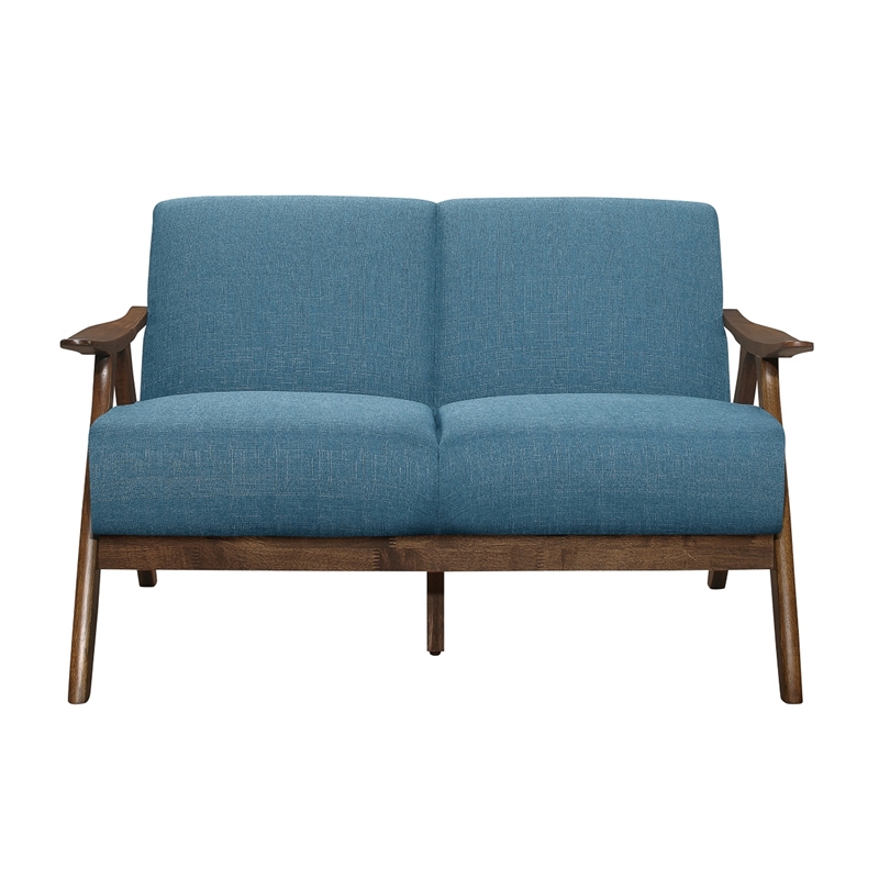 Indy 51 Inch Loveseat- Brown Rubberwood Angled Frame- Textured Blue Fabric