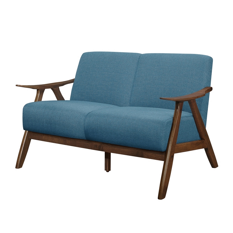 Indy 51 Inch Loveseat- Brown Rubberwood Angled Frame- Textured Blue Fabric