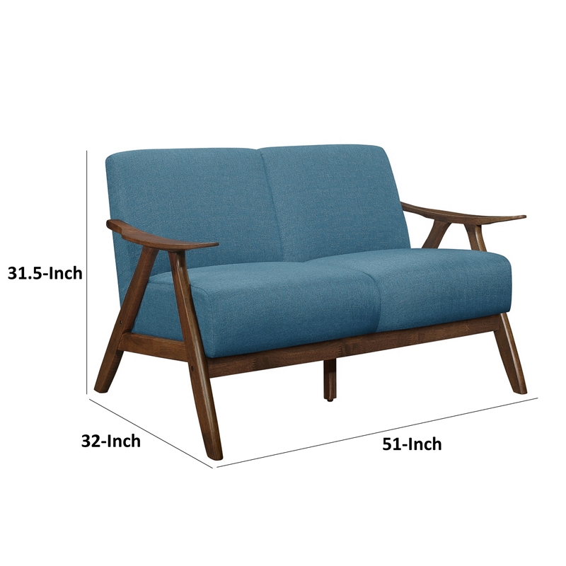 Indy 51 Inch Loveseat- Brown Rubberwood Angled Frame- Textured Blue Fabric