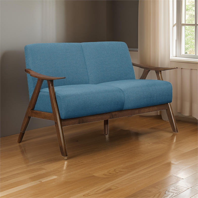 Indy 51 Inch Loveseat- Brown Rubberwood Angled Frame- Textured Blue Fabric