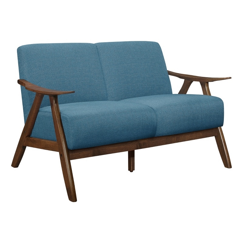 Indy 51 Inch Loveseat- Brown Rubberwood Angled Frame- Textured Blue Fabric