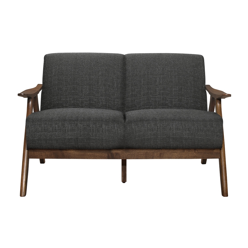 Indy 51 Inch Loveseat- Brown Rubberwood Angled Frame- Textured Gray Fabric
