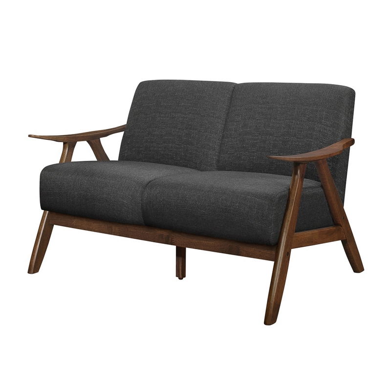 Indy 51 Inch Loveseat- Brown Rubberwood Angled Frame- Textured Gray Fabric