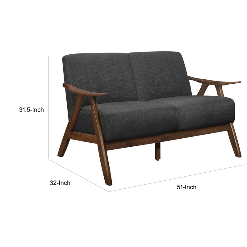 Indy 51 Inch Loveseat- Brown Rubberwood Angled Frame- Textured Gray Fabric