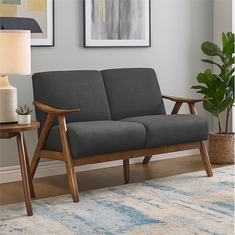 Indy 51 Inch Loveseat- Brown Rubberwood Angled Frame- Textured Gray Fabric