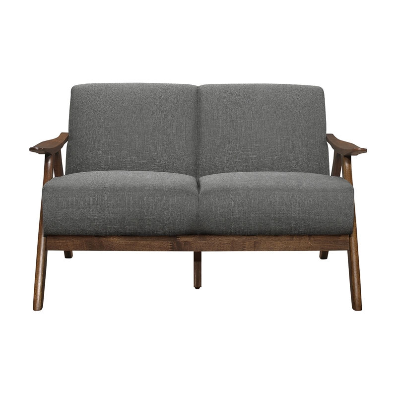 Indy 51 Inch Loveseat- Brown Wood Angled Frame- Textured Light Gray Fabric