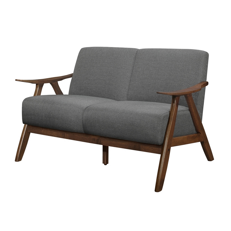 Indy 51 Inch Loveseat- Brown Wood Angled Frame- Textured Light Gray Fabric