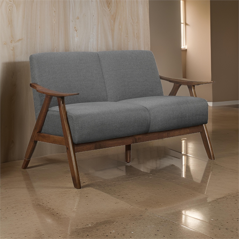 Indy 51 Inch Loveseat- Brown Wood Angled Frame- Textured Light Gray Fabric