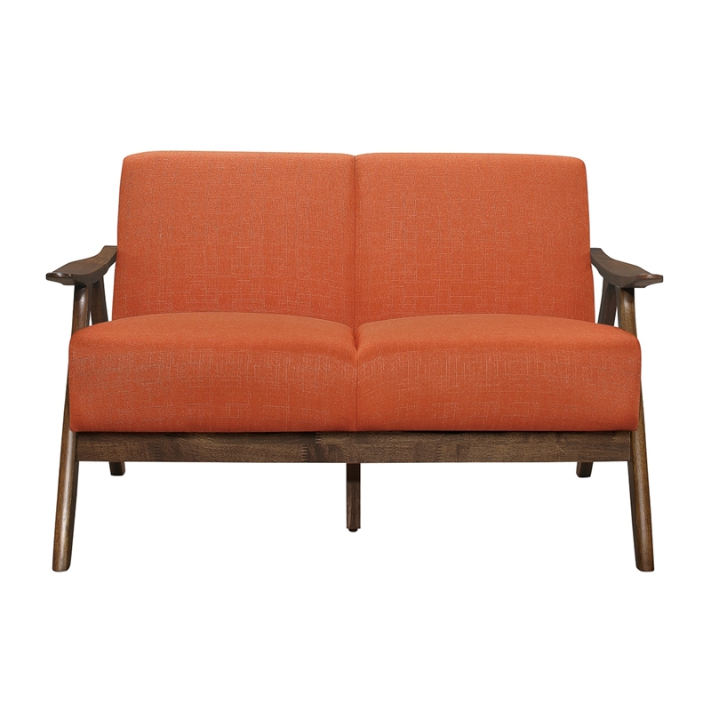 Indy 51 Inch Loveseat- Brown Wood Angled Frame- Textured Orange Fabric