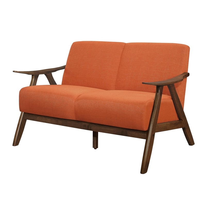 Indy 51 Inch Loveseat- Brown Wood Angled Frame- Textured Orange Fabric