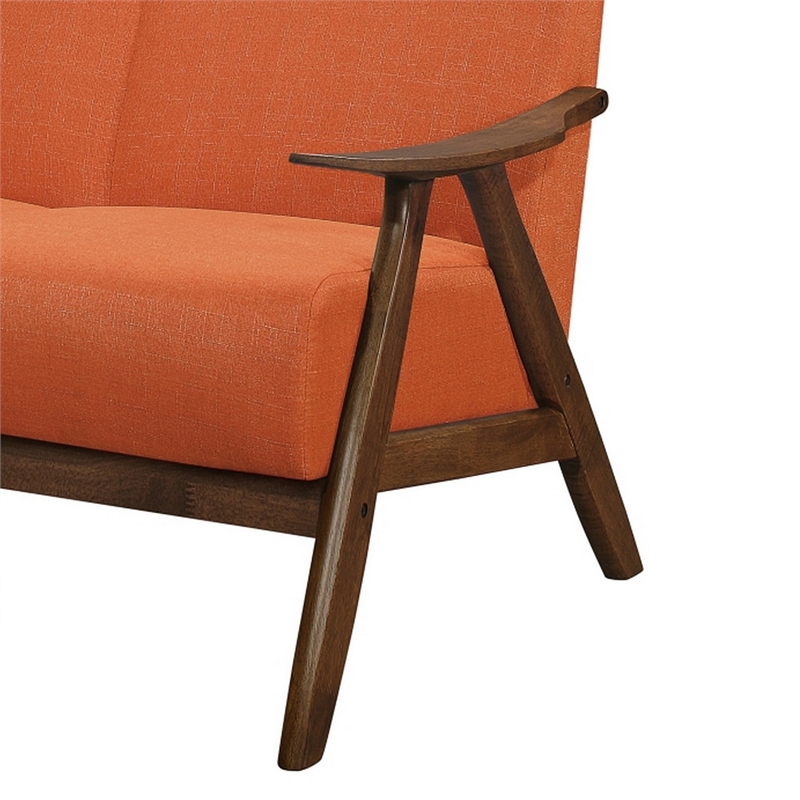 Indy 51 Inch Loveseat- Brown Wood Angled Frame- Textured Orange Fabric