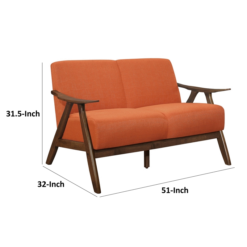 Indy 51 Inch Loveseat- Brown Wood Angled Frame- Textured Orange Fabric