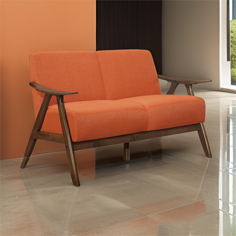 Indy 51 Inch Loveseat- Brown Wood Angled Frame- Textured Orange Fabric