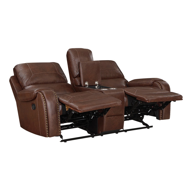 Dean 76 Inch Dual Manual Recliner Loveseat- Cupholders- Brown Faux Leather