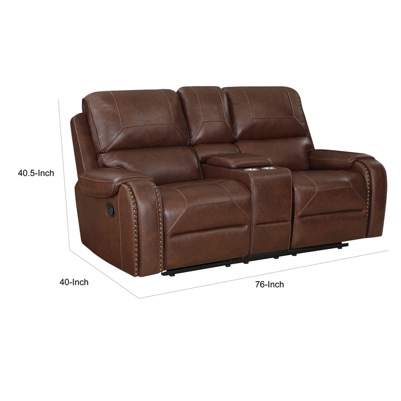 Dean 76 Inch Dual Manual Recliner Loveseat- Cupholders- Brown Faux Leather