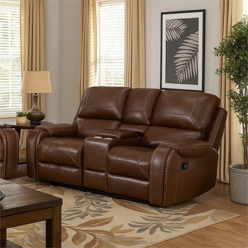 Dean 76 Inch Dual Manual Recliner Loveseat- Cupholders- Brown Faux Leather