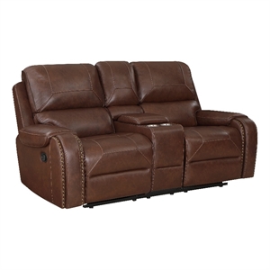 Dean 76 Inch Dual Manual Recliner Loveseat- Cupholders- Brown Faux Leather