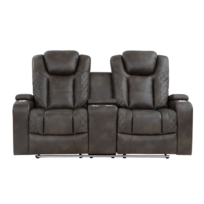 Mia 72 Inch Power Double Recliner Loveseat- Gray Faux Leather- LED- USB