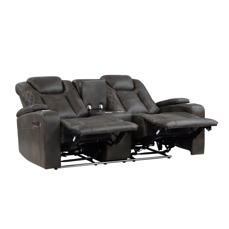 Mia 72 Inch Power Double Recliner Loveseat- Gray Faux Leather- LED- USB