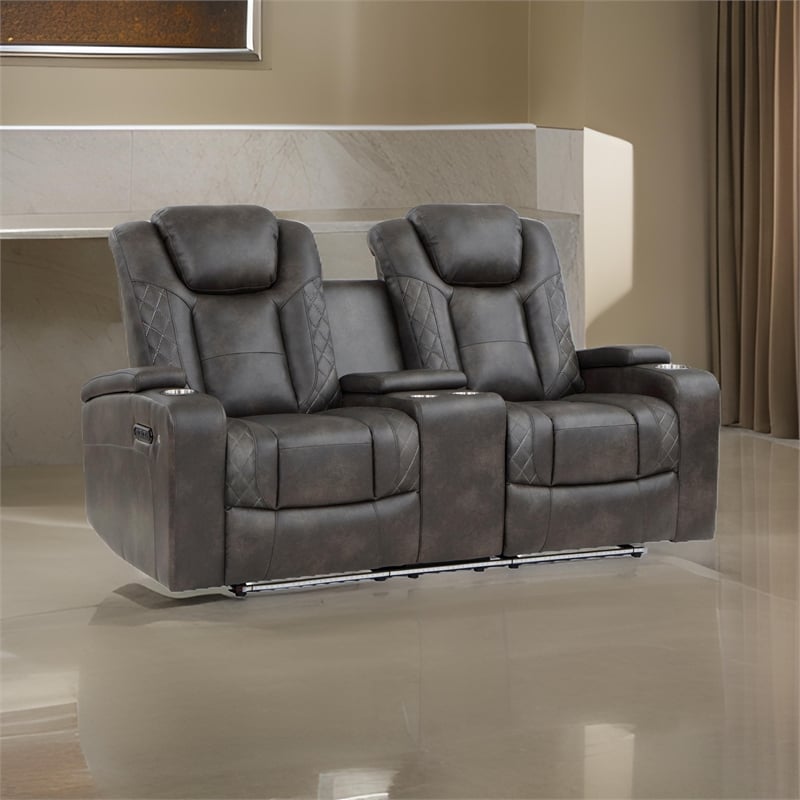 Mia 72 Inch Power Double Recliner Loveseat- Gray Faux Leather- LED- USB