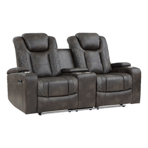 Mia 72 Inch Power Double Recliner Loveseat- Gray Faux Leather- LED- USB