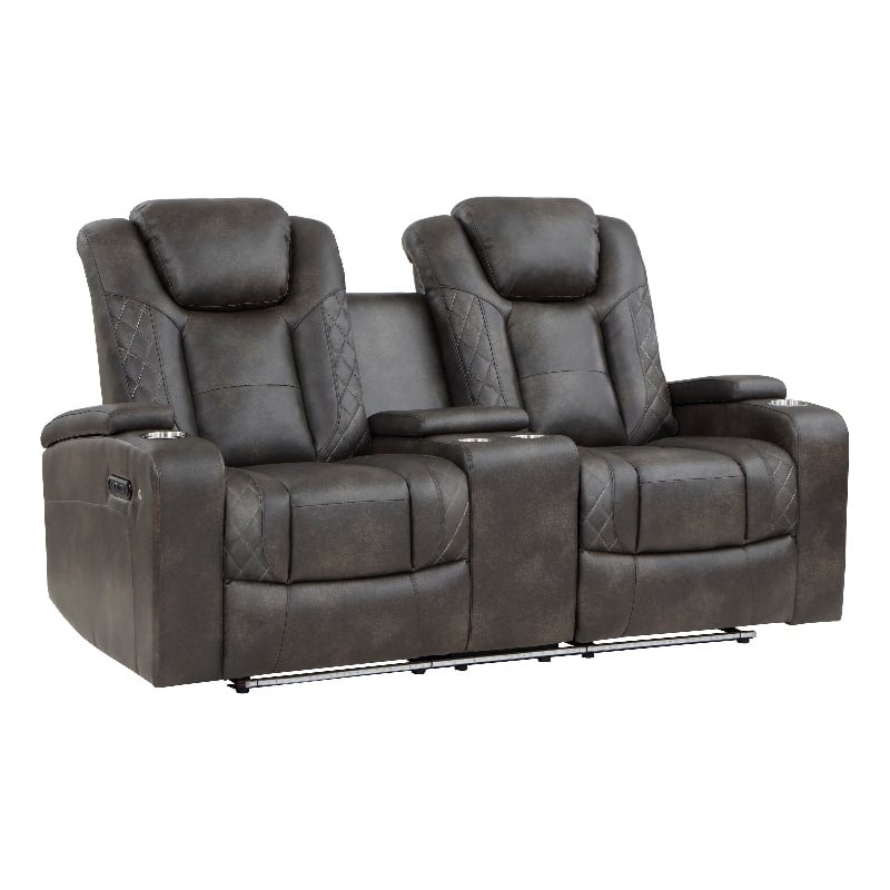 Mia 72 Inch Power Double Recliner Loveseat- Gray Faux Leather- LED- USB