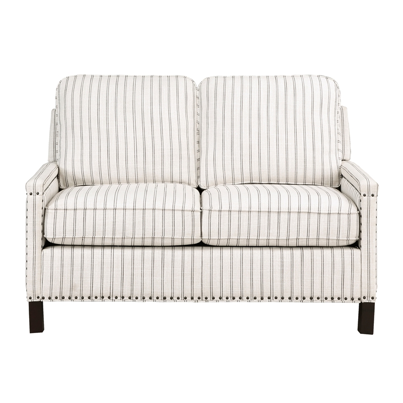 Claire 54 Inch Loveseat- Beige Gray Polyester Pinstripes Design- Solid Wood