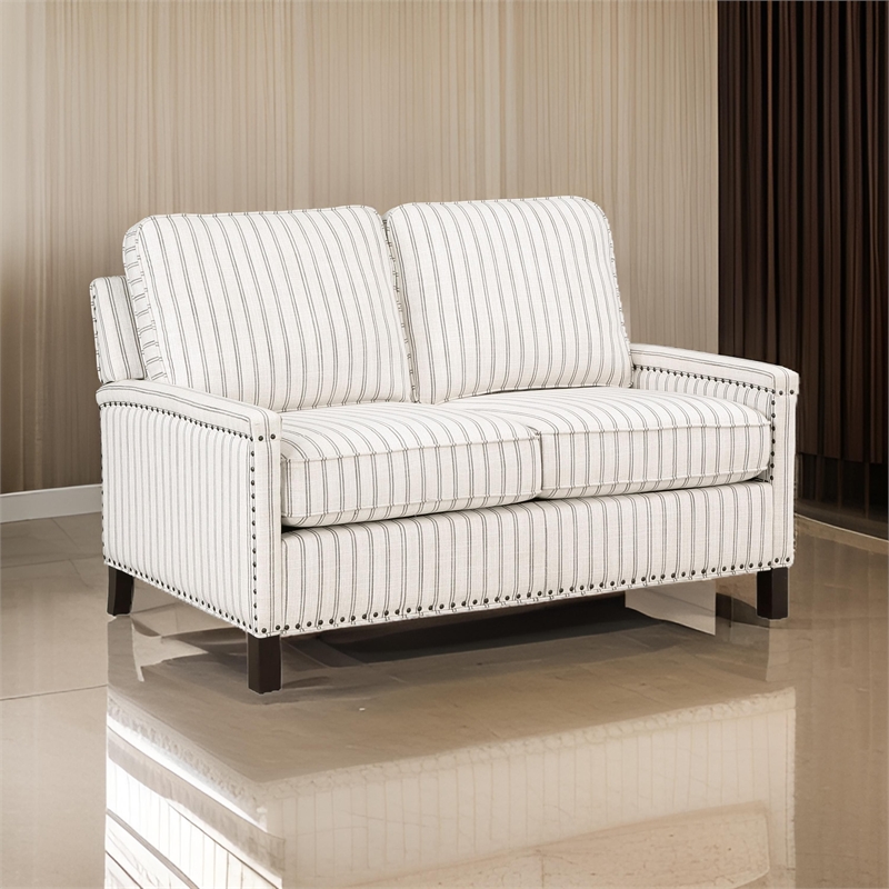 Claire 54 Inch Loveseat- Beige Gray Polyester Pinstripes Design- Solid Wood