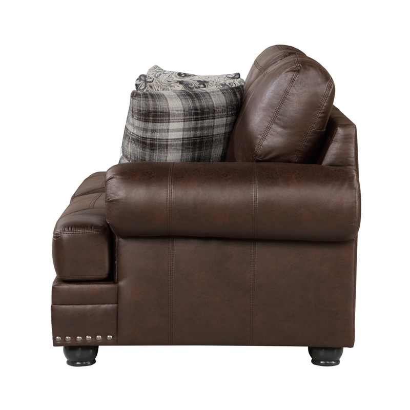 Jade 72 Inch Loveseat- Rich Brown Microfiber- 4 Pillows Soft Cushions- Wood