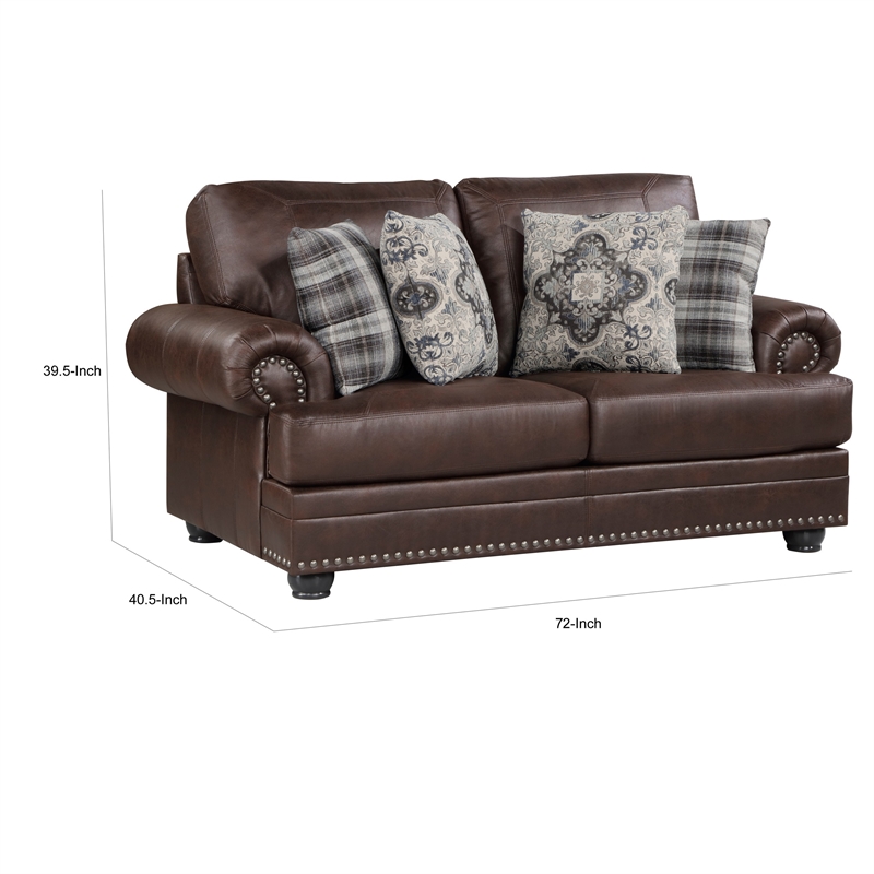 Jade 72 Inch Loveseat- Rich Brown Microfiber- 4 Pillows Soft Cushions- Wood