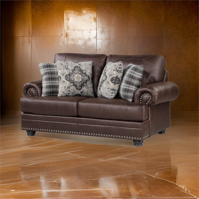 Jade 72 Inch Loveseat- Rich Brown Microfiber- 4 Pillows Soft Cushions- Wood