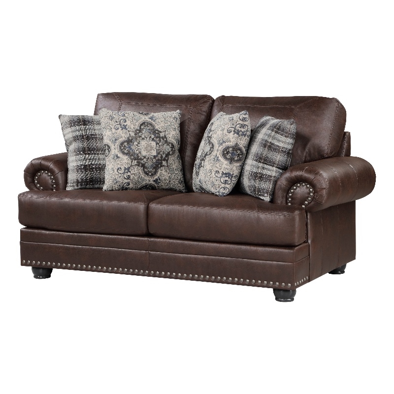 Jade 72 Inch Loveseat- Rich Brown Microfiber- 4 Pillows Soft Cushions- Wood