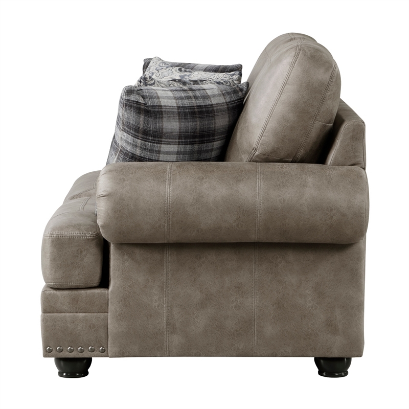 Jade 72 Inch Loveseat- Taupe Brown Microfiber- 4 Pillows- Cushioned- Wood