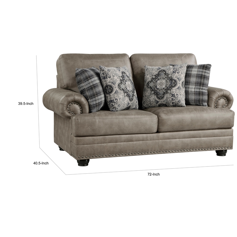 Jade 72 Inch Loveseat- Taupe Brown Microfiber- 4 Pillows- Cushioned- Wood