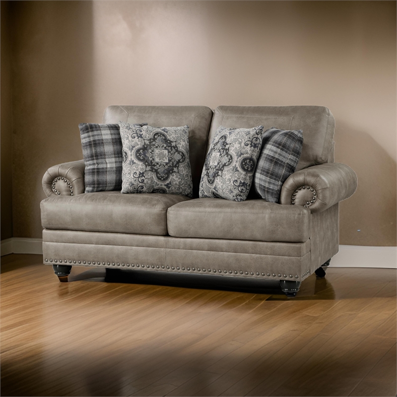 Jade 72 Inch Loveseat- Taupe Brown Microfiber- 4 Pillows- Cushioned- Wood