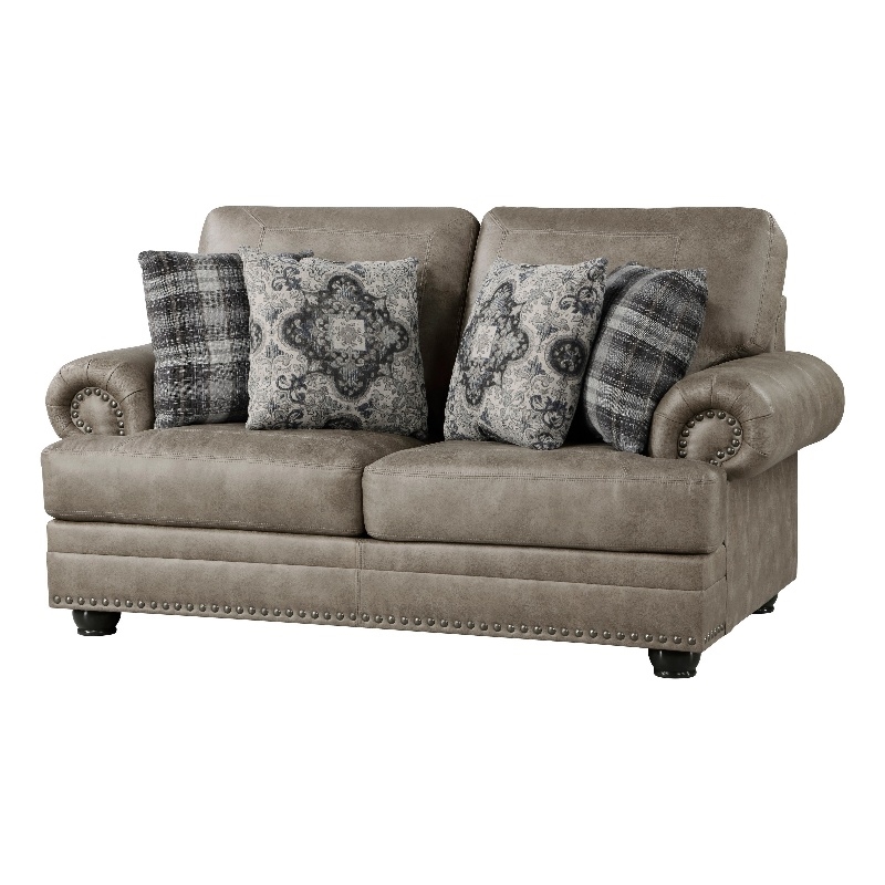 Jade 72 Inch Loveseat- Taupe Brown Microfiber- 4 Pillows- Cushioned- Wood