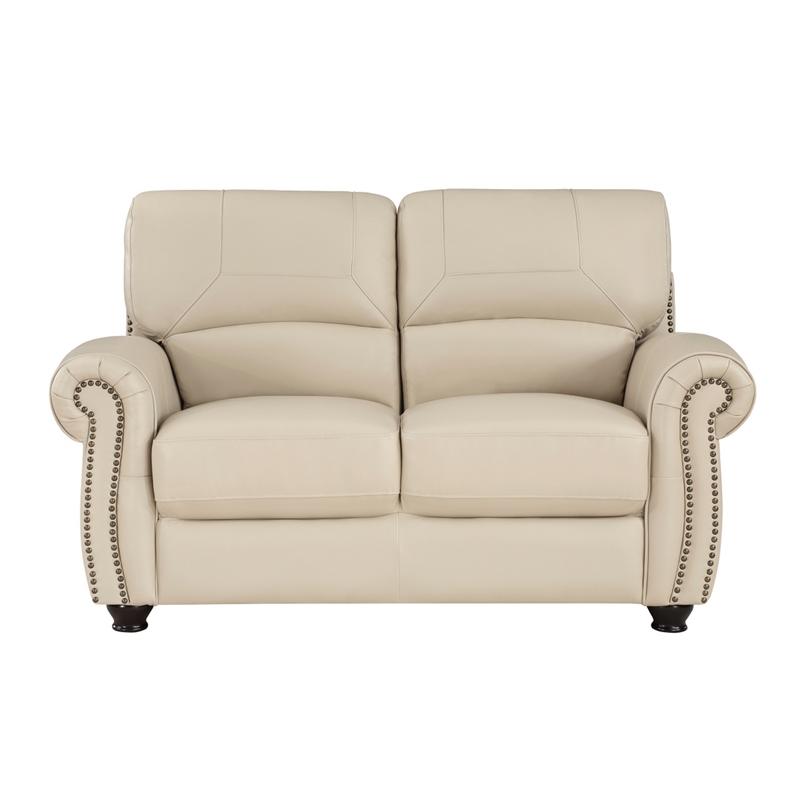 Kia 63 Inch Loveseat- Cream Top Grain and Faux Leather- Brown Solid Wood