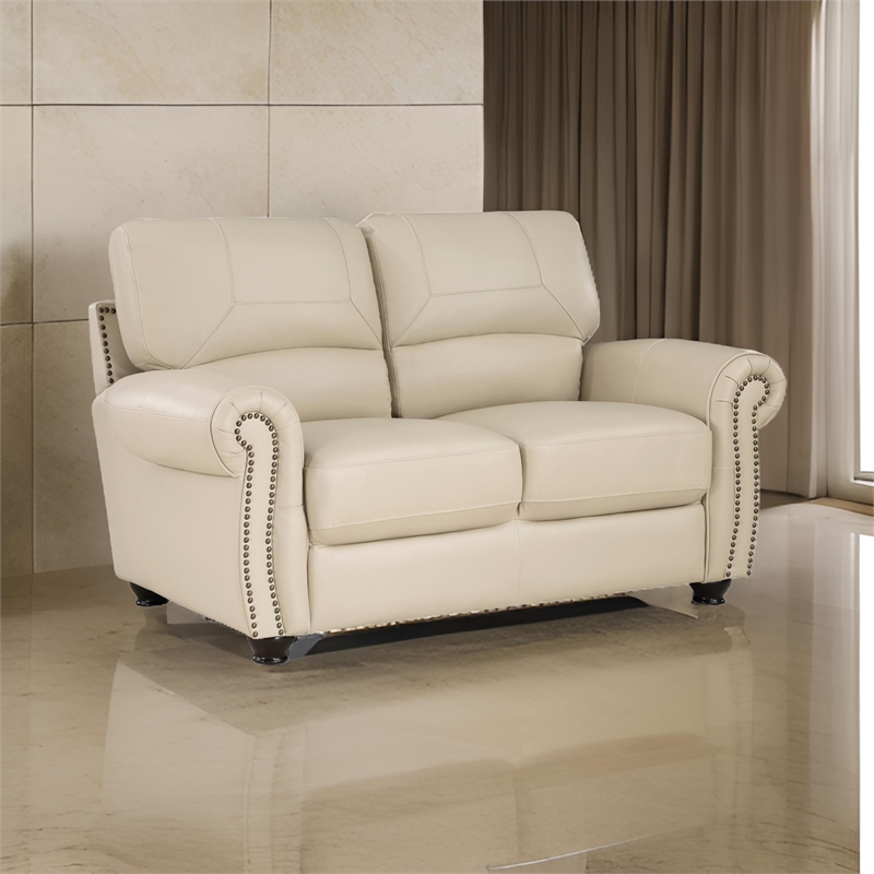 Kia 63 Inch Loveseat- Cream Top Grain and Faux Leather- Brown Solid Wood